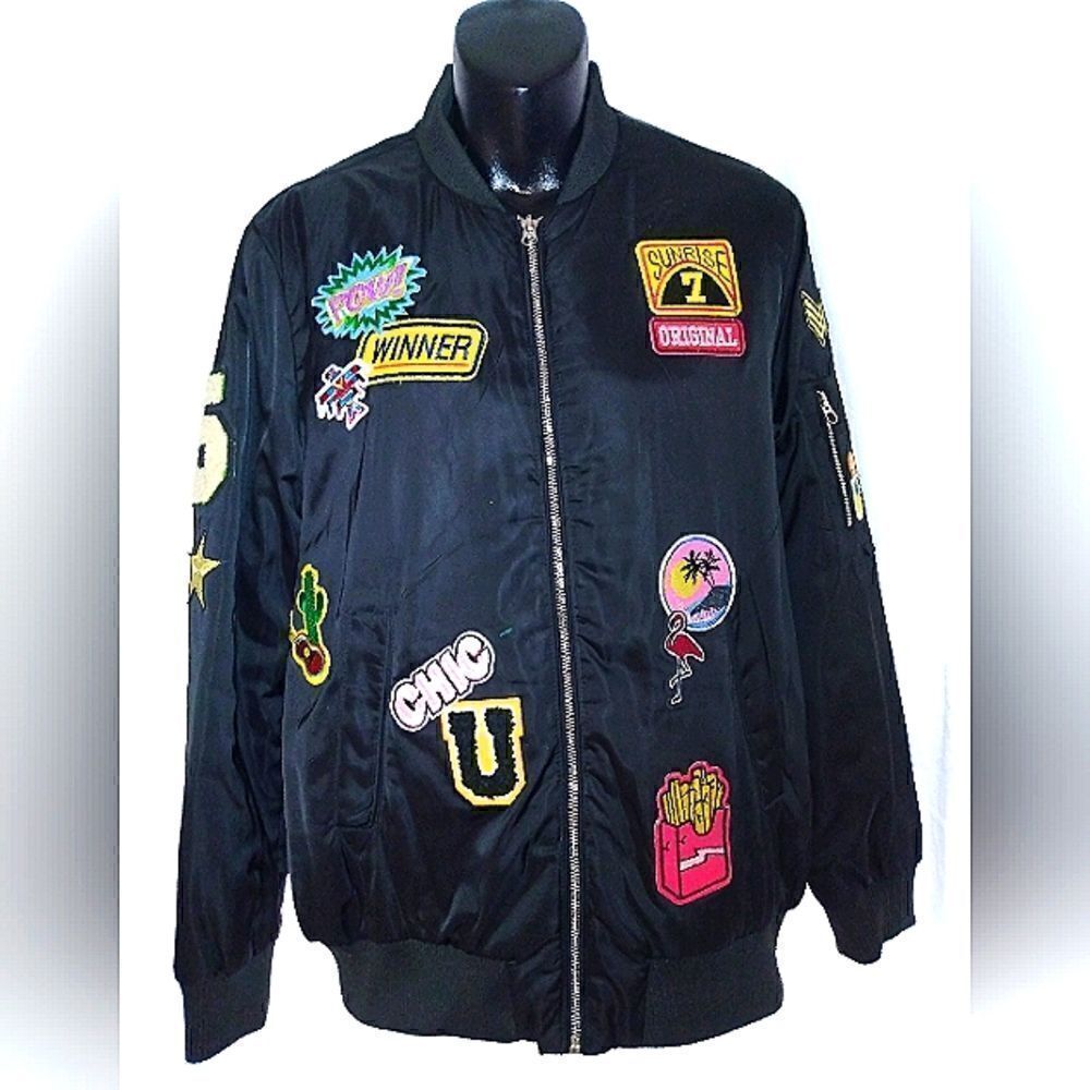 Varsity Jacket Black Satin Patches size small